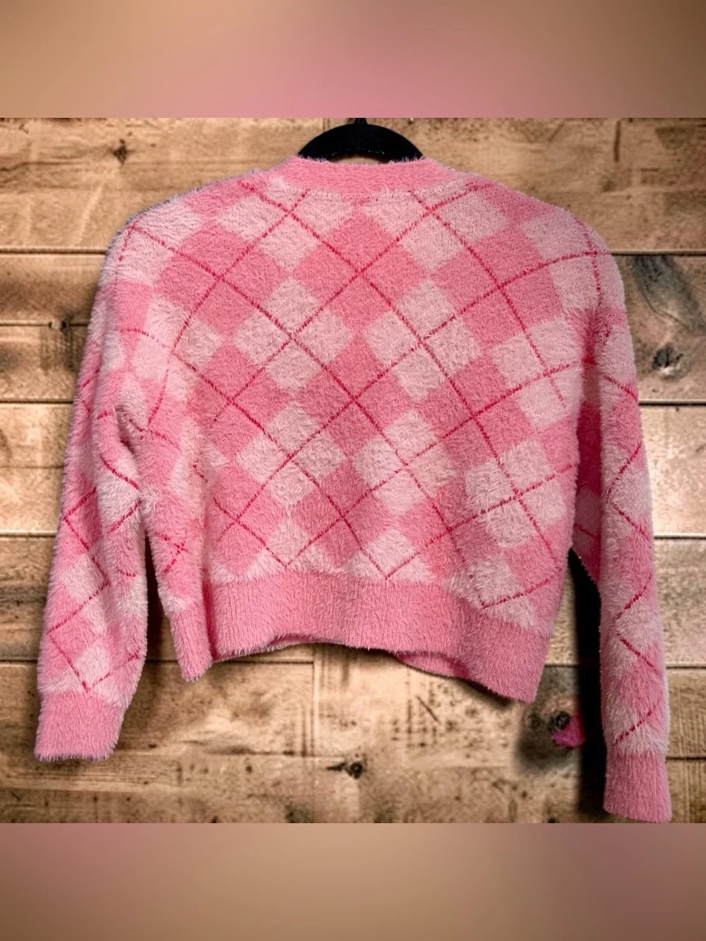 Justice Girls' 10 Wicked Pink Fuzzy Argyle sweater Cardigan button up Jacket